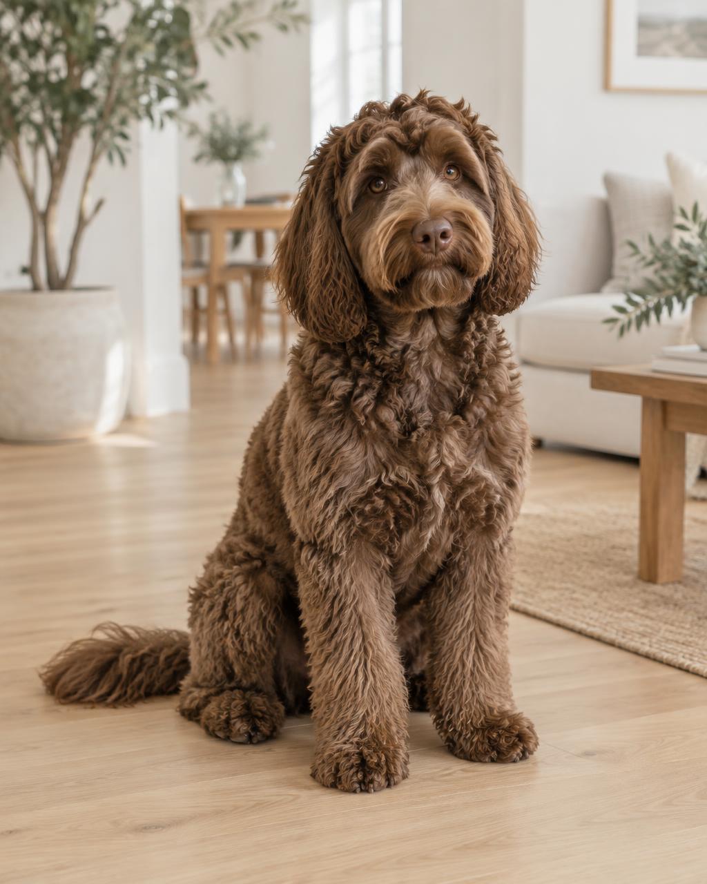 Brown Australian Labradoodle sitting in a bright living room